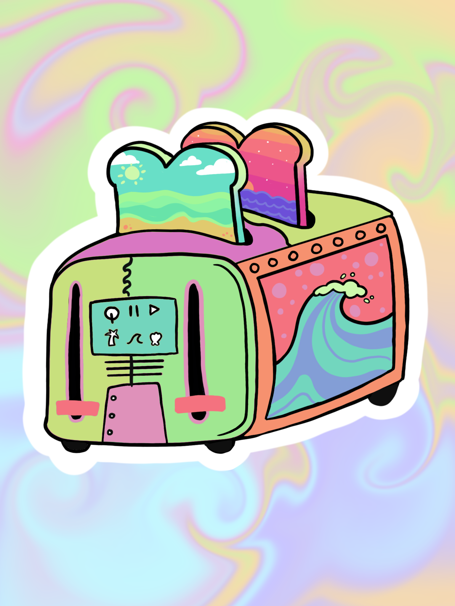 Funky Toaster - The Tiny Child Collection - liv breaks the kitchen - a green toaster with two slices of toast that have a sunrise and a sunset